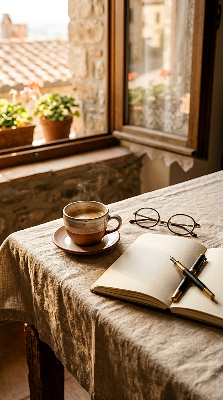 Un caffè fumante e un taccuino aperto vicino a una finestra illuminata dal sole